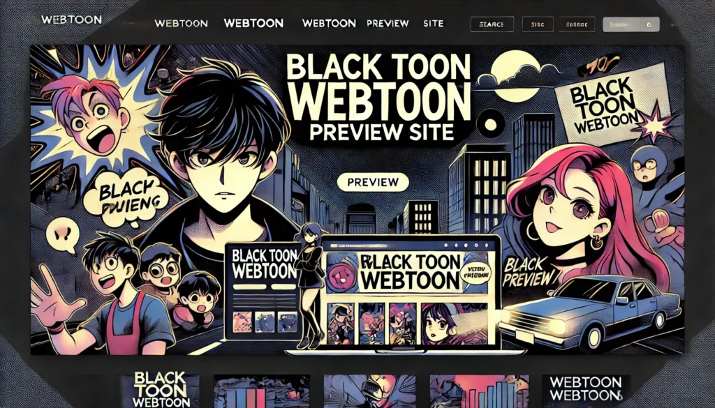 블랙툰 최신 업데이트 - BLACK TOON WEBTOON 배너 이미지 - 다양한 웹툰 콘텐츠를 보여주는 세련된 디자인, 어두운 배경에 만화 패널과 캐릭터 실루엣이 포함되어 웹툰 미리 보기 플랫폼의 느낌을 강조함.