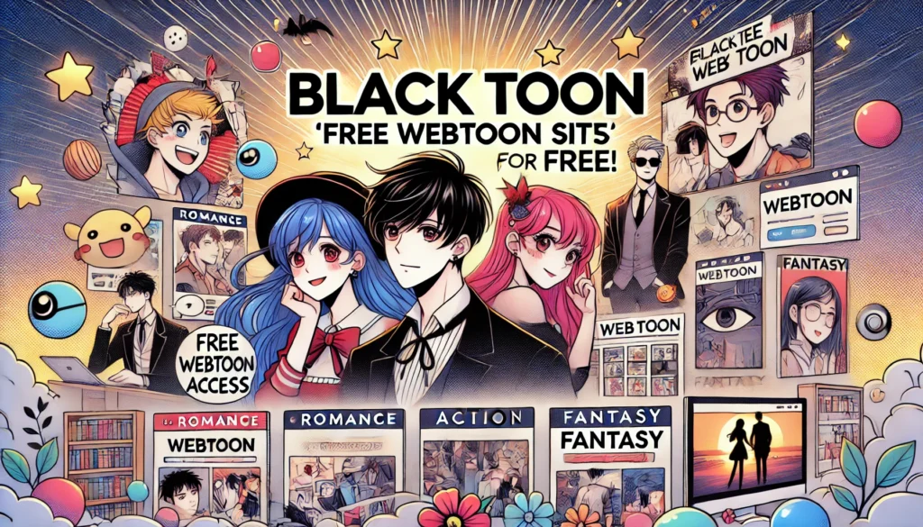 웹툰 링크 모음 - BLACK TOON 배너 이미지 - 로맨스, 액션, 판타지 등 다양한 장르의 웹툰을 무료로 제공하는 플랫폼을 강조하는 컬러풀한 디자인, 만화 캐릭터와 패널 요소가 포함됨.